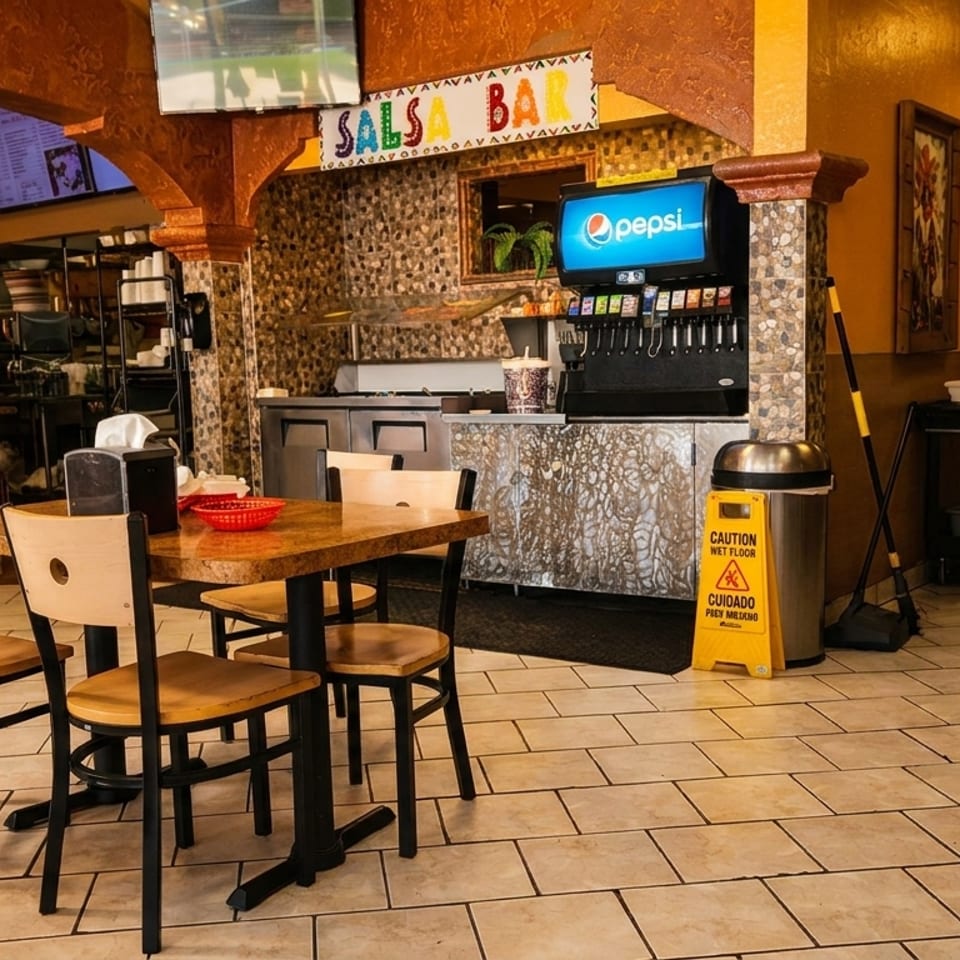 Empty restaurant interior with tables, chairs, a soda fountain, and a salsa bar.