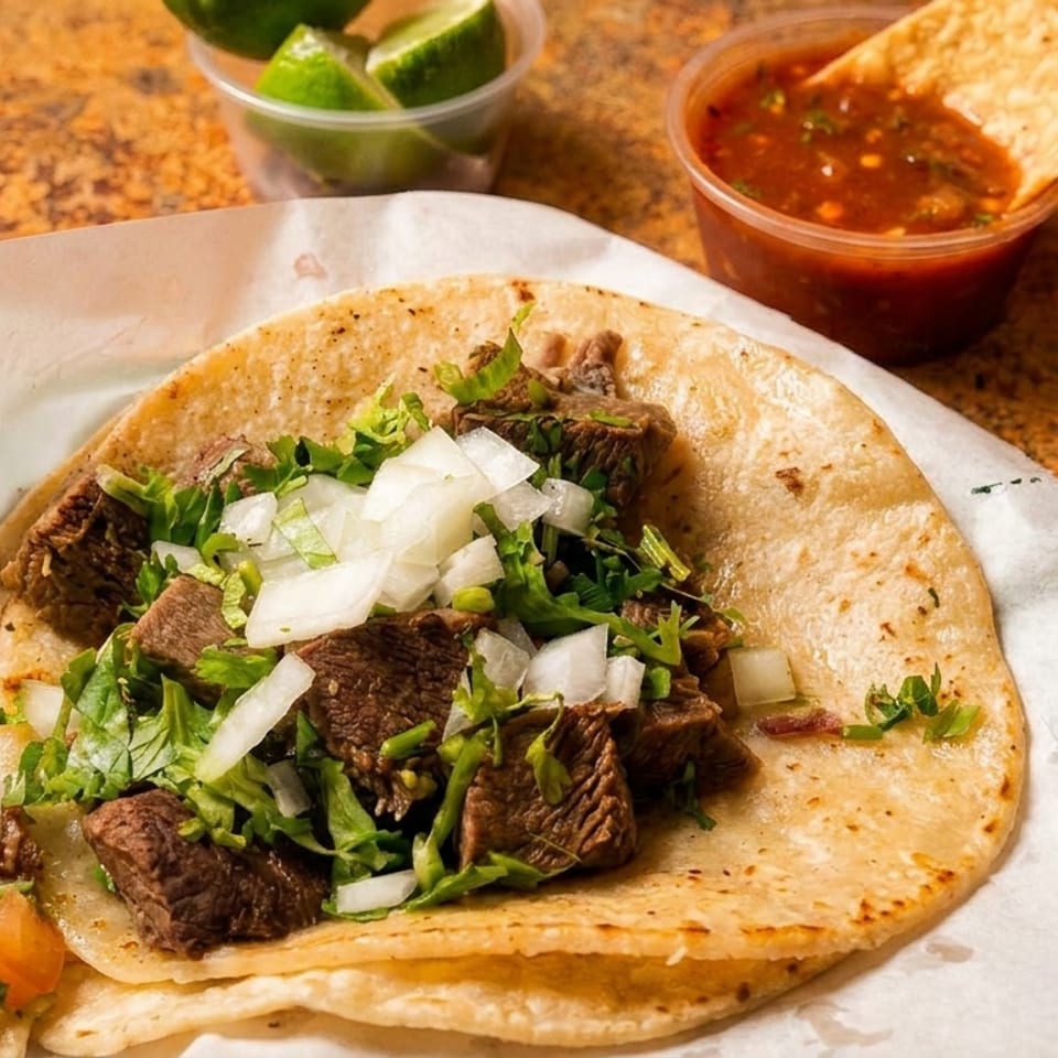 Two street tacos with meat, onions, and cilantro, alongside salsa, limes, and pickled vegetables.