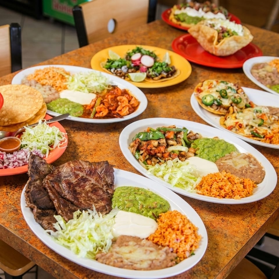 A table laden with various Mexican dishes, including soup, tacos, and platters with meat, rice, and beans.