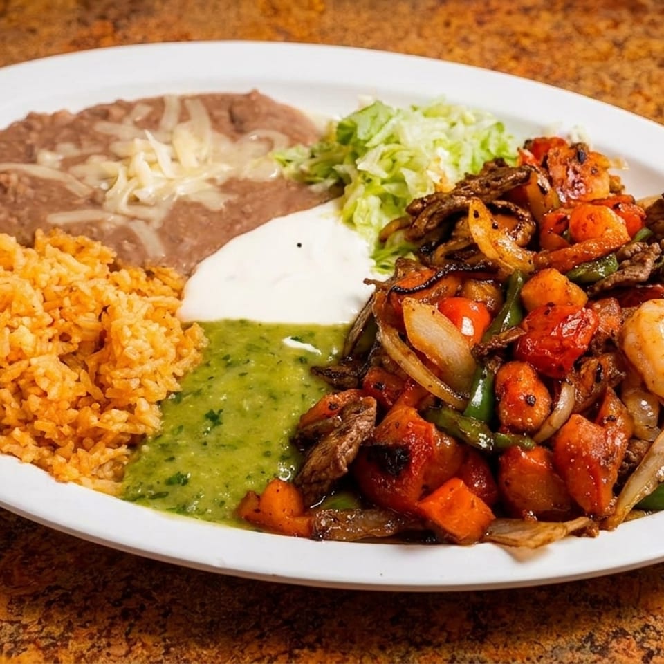 A white oval plate holds fajitas with shrimp and steak, rice, refried beans, and sauces.