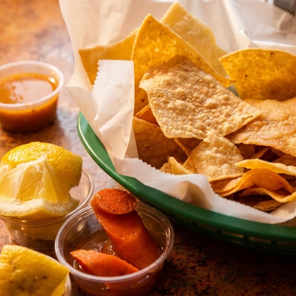 A basket of tortilla chips with small cups of salsa, lemons, and pickled carrots.