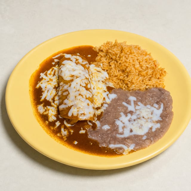 Kids Enchilada with Rice & Beans Plate.